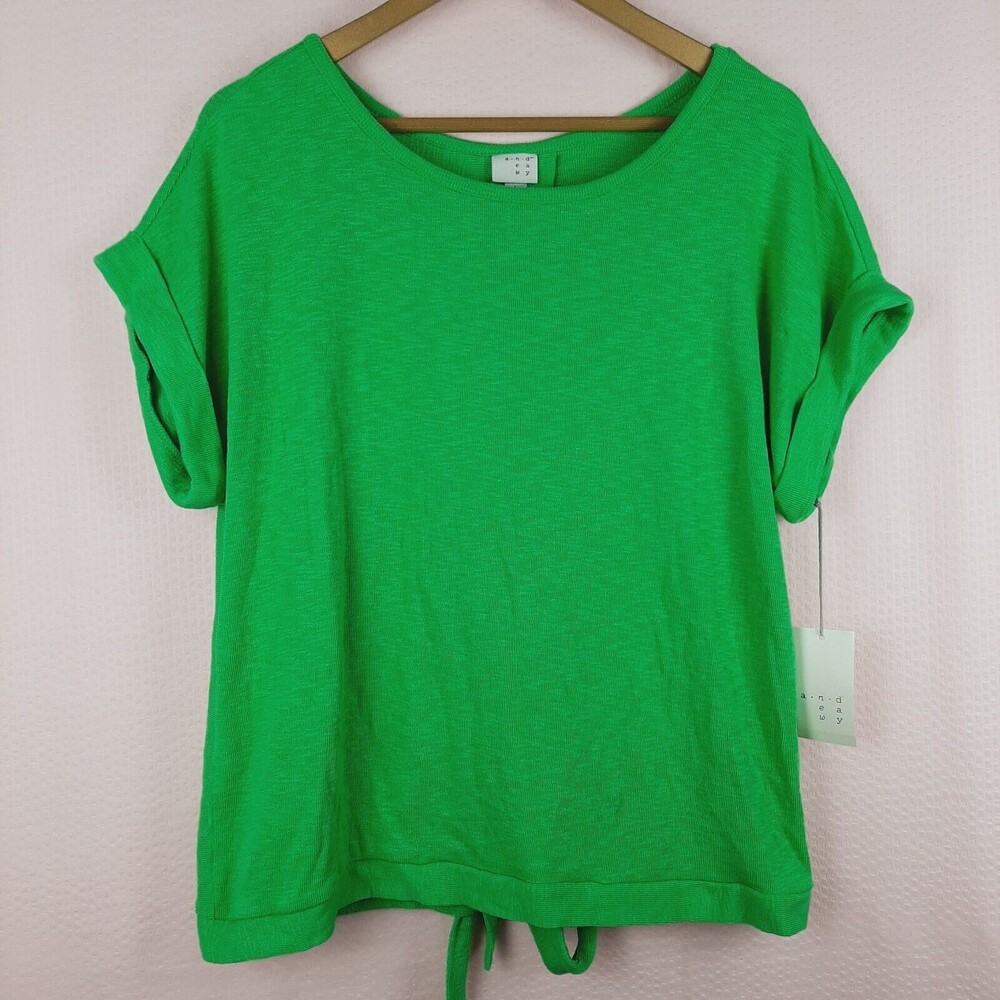 NEW A New Day Women's Short Sleeve Knit Tie-Back Cuff T-Shirt Green Size L